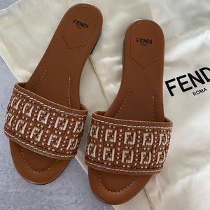 SOLD! Fendi FF Raffia Signature Logo Slides Tan Brown Size 37.5